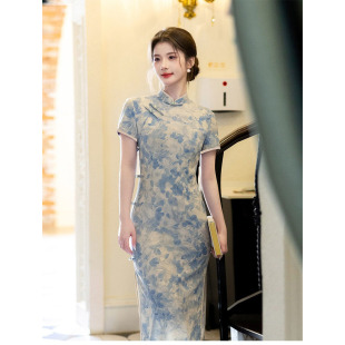 蓝色青花瓷复古风旗袍女长款夏改良日常年轻气质素雅清凉连衣裙