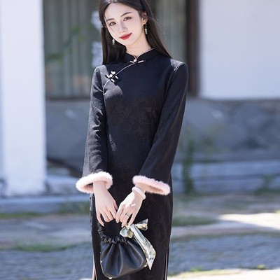黑色旗袍新款2025秋冬季高级感复古修身冬款加绒加厚新中式冬天