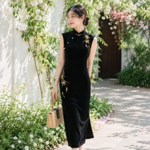 老上海复古黑色金丝绒旗袍女民国风简约洋气显瘦日常走秀演出