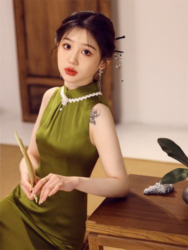 绿色苏州旗袍夏季宝宝周岁宴妈妈礼服新中式百日宴女装满月宴穿搭