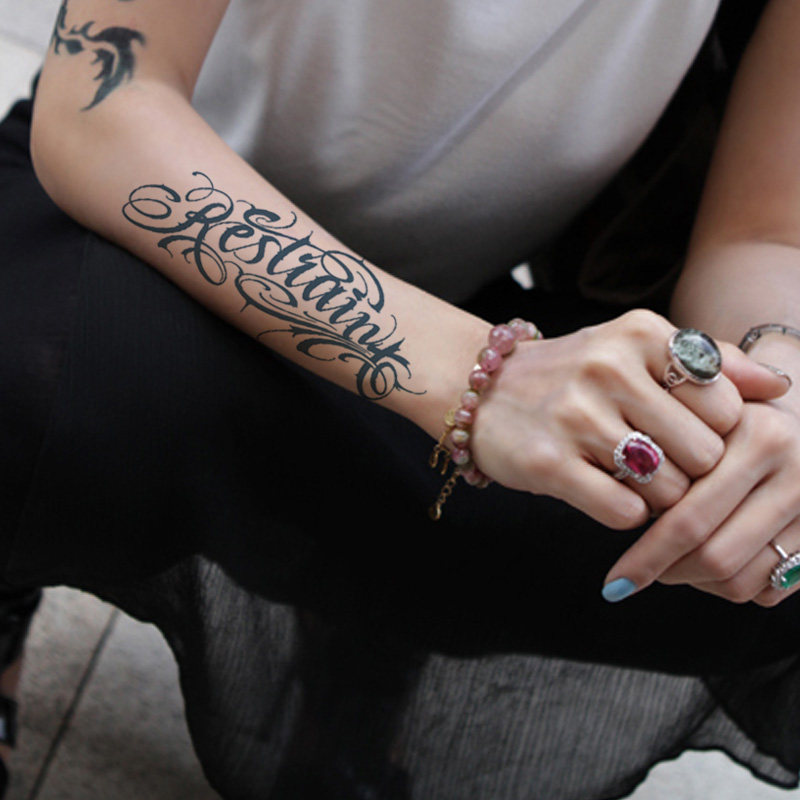 花体英文克制草本纹身贴果汁半永久防水持久男女手臂暗黑仿真刺青