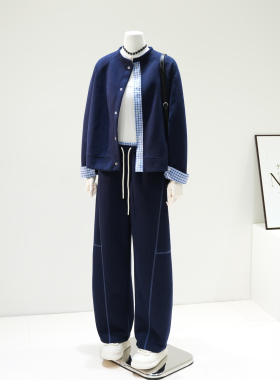 设计感拼格子深蓝色卫衣弯刀裤套装女2025秋时尚运动休闲裤两件套