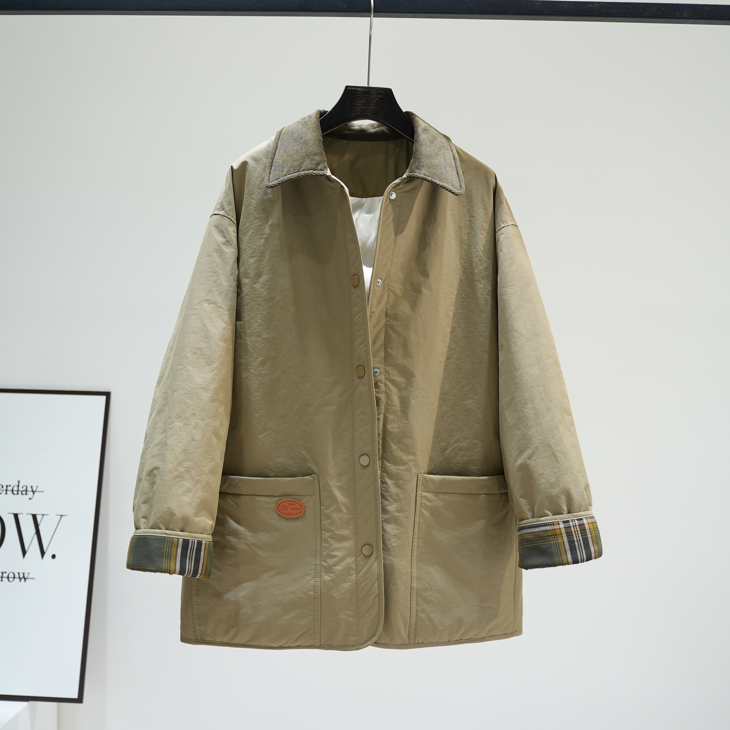 拼接灯芯绒翻领薄款羽绒服女2025工装风中长款宽松90绒外套风衣潮