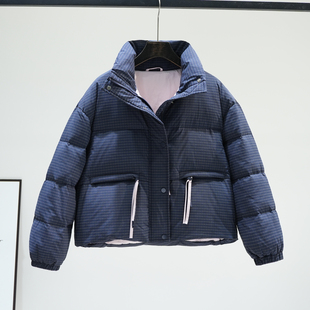 藏青色格子立领短款羽绒服女2025冬季学院风保暖90白鸭绒外套上衣
