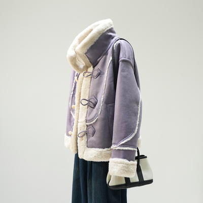 紫色羊羔毛外套女小个子2025冬季新款高级感麂皮绒皮毛一体棉服潮