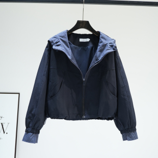 休闲百搭工装 新款 夹克 外套女2025秋季 设计感藏青色拼格子连帽短款