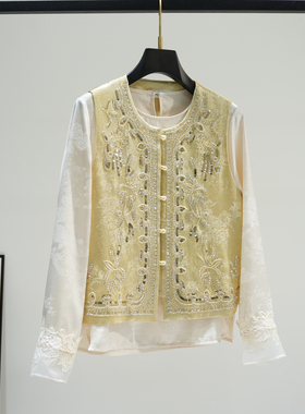 新中式重工钉珠马甲套装女国风提花上衣马夹两件套2026春季新品