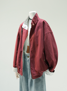 设计感两面穿红色立领外套女2025秋季工装复古风格子夹克宽松上衣