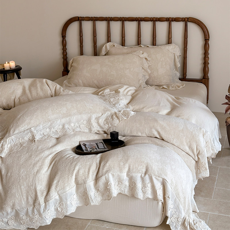 蝶梦晚落|法式全棉提花棉麻四件套浪漫花边蕾丝刺绣被套床单1.8m