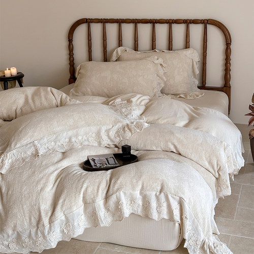 蝶梦晚落|法式全棉提花棉麻四件套浪漫花边蕾丝刺绣被套床单1.8m