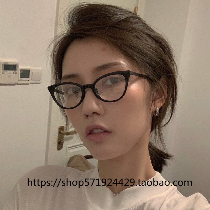 复古黑色猫眼黑框椭圆眼镜韩版网红同款素颜超轻简约平光近视镜架