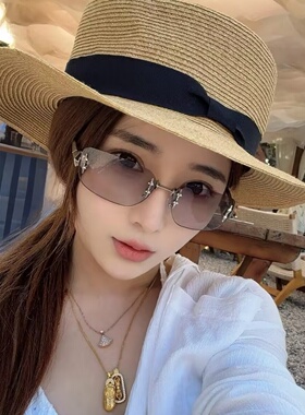 老钱风墨镜女款欧美风复古无框Y2K辣妹街拍眼镜防紫外线太阳镜男