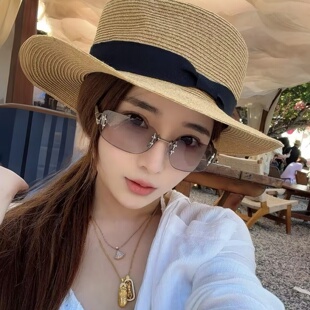 老钱风墨镜女款 欧美风复古无框Y2K辣妹街拍眼镜防紫外线太阳镜男