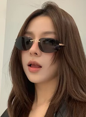 欧美无框墨绿椭圆形Y2K辣妹网红墨镜女潮韩版方圆脸猫眼太阳眼镜