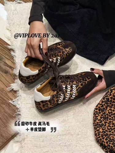VIPLOVE真皮德训鞋女2025秋季新款百搭休闲鞋马毛轻便豹纹女鞋潮