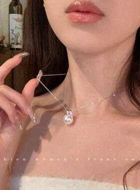 网红同款单颗珍珠项链女秋冬款百搭气质毛衣链精致锆石吊坠锁骨链