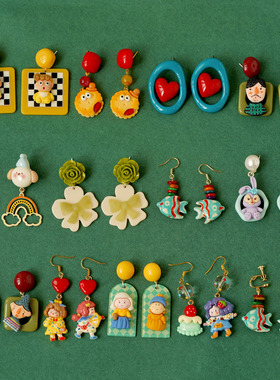 复古搞怪手工不对称童趣独特风耳环彩色树脂油画民族风趣味耳夹女