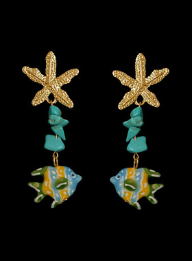 古着vintage复古Starfish fish海星鱼耳环女