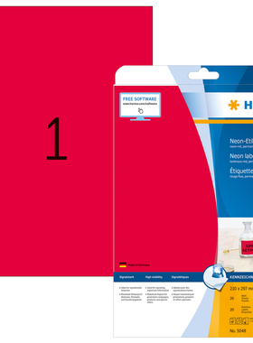 HERMA豪玛牌5048 A4-20张荧光红色不干胶标签纸210X297mm