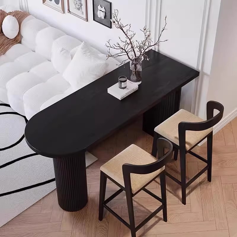 黑色实木高脚长吧台桌家用客厅靠墙窄桌法式休闲奶茶西餐厅高脚桌