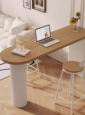 奶油实木吧台桌家用简约阳台靠窗桌高脚桌靠墙长条桌咖啡桌椅组合