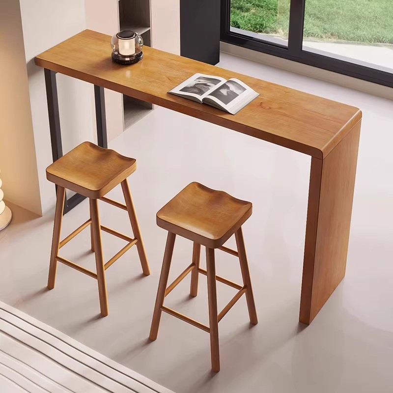 现代简约木质靠墙长条吧台桌椅组合家用阳台客厅隔断高脚桌可定制