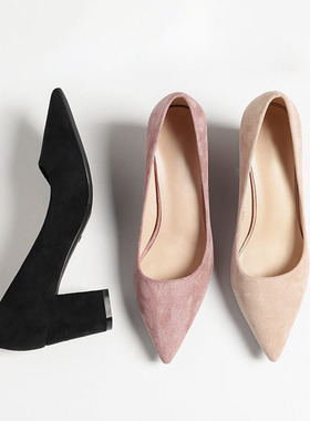 31-33小码裸色高跟鞋女职业新款尖头粗跟女单鞋黑色绒面工作鞋6CM