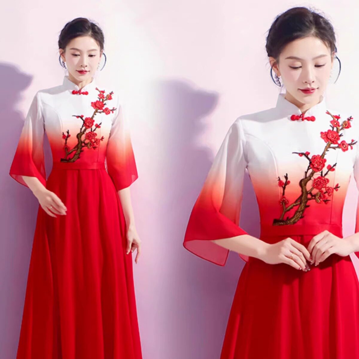 新款成人女士合唱服修身中国风古筝奏服装红歌大合唱演出服女长裙