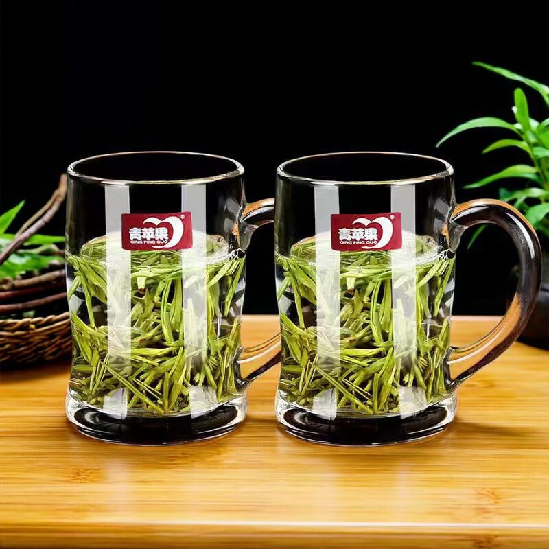 青苹果加厚玻璃杯泡茶杯耐热水杯把手饮料杯无盖杯子啤酒杯牛奶杯图片