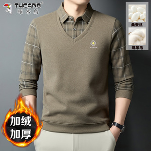 桑蚕丝翻领套头毛衣 秋冬新款 啄木鸟男士 加绒加厚假两件羊毛打底衫