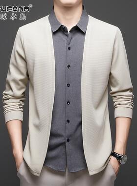 啄木鸟男士新款长袖衬衫领假两件宽松舒适中年爸爸装上衣针织开衫