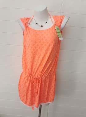 嘉莉诗女橙色星星暗纹直筒大版宽松带抽绳收腰挂脖吊带裙睡背心裙