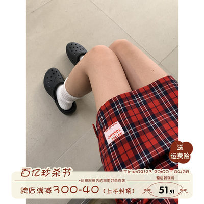 苏格兰高腰红色格子半身裙女