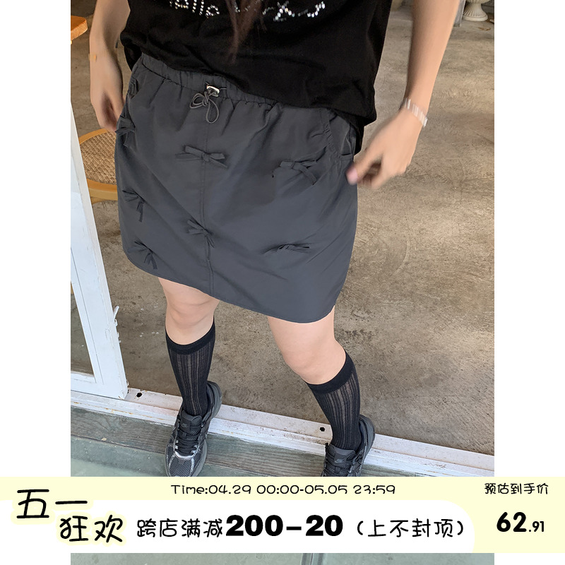 馨帮帮 工装短裙2024新款美式复古松紧腰蝴蝶结A字半身裙女夏季