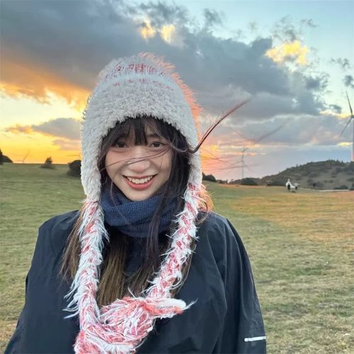 民族风拼接针织毛线帽子秋冬女加厚保暖防寒护耳套头帽雷锋帽