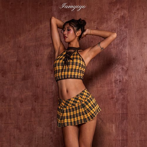 【上新】绯闻女孩复古美式格纹辣妹套装性感短上衣蓬感半裙 heels