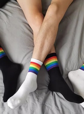 TXStudio 4双装男士彩虹条纹中筒袜男ins四季款透气运动潮男袜