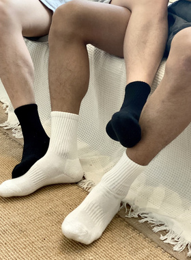 TX袜子男士秋冬厚款中筒纯棉白色毛巾底袜长筒运动男生短袜黑色