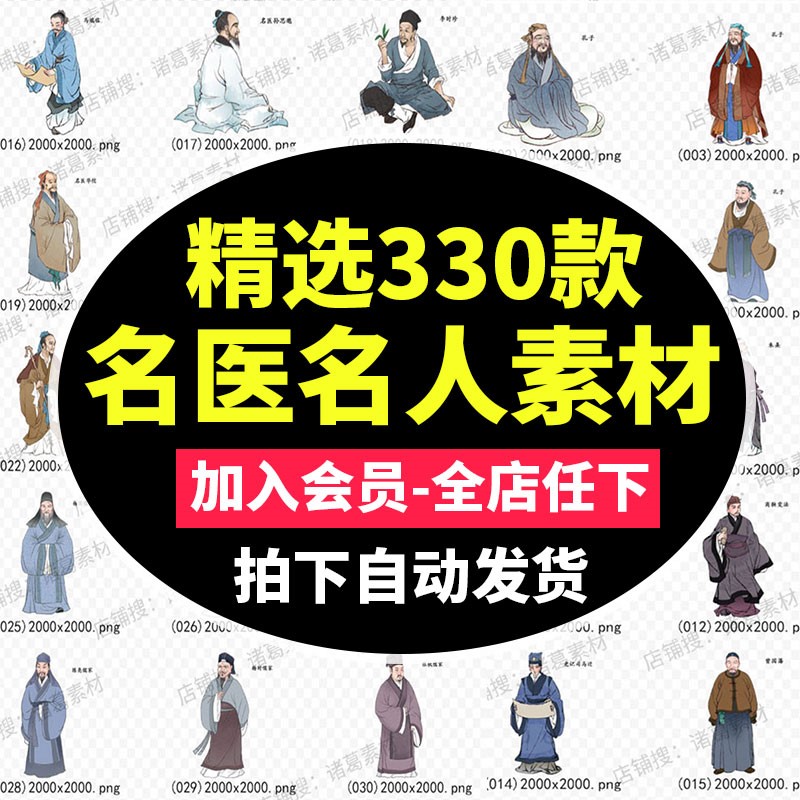 手绘古代名人名医名士古代诗人国学人物插画png免扣ps素材库