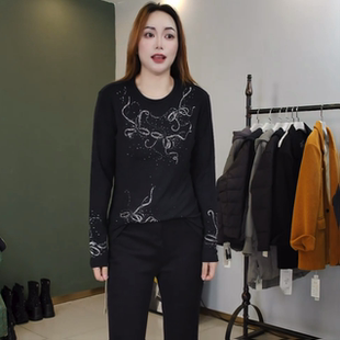 蝴蝶结 打底衫 时尚 长袖 T恤女98568 轻奢烫钻显瘦大码 合肥欢欢