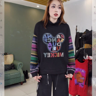 合肥欢欢 秋冬宽松休闲印花烫钻亮片套头加绒卫衣女25725 彩虹