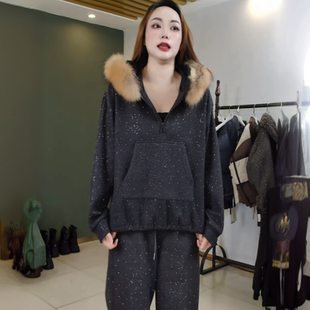 合肥欢欢 秋冬休闲百搭烫钻毛领连帽毛呢卫衣女潮25786 银河系