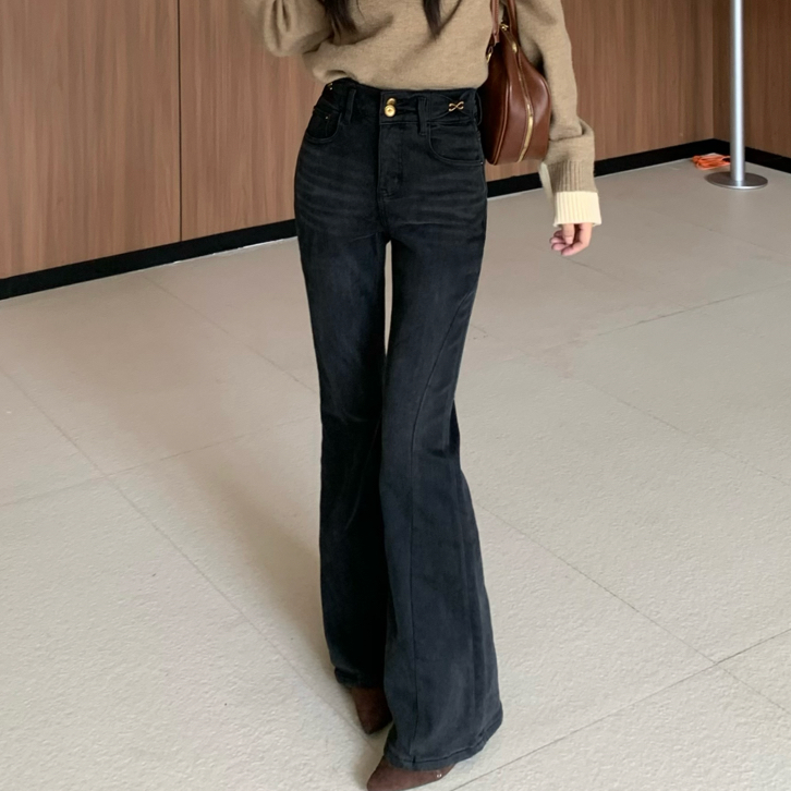 高腰显瘦加绒喇叭牛仔裤女