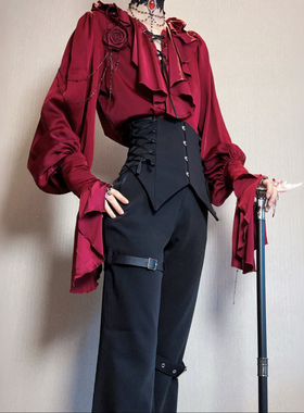 三团【红色定金预约】是只猫原创露背王子系lolita衬衫高腰长裤