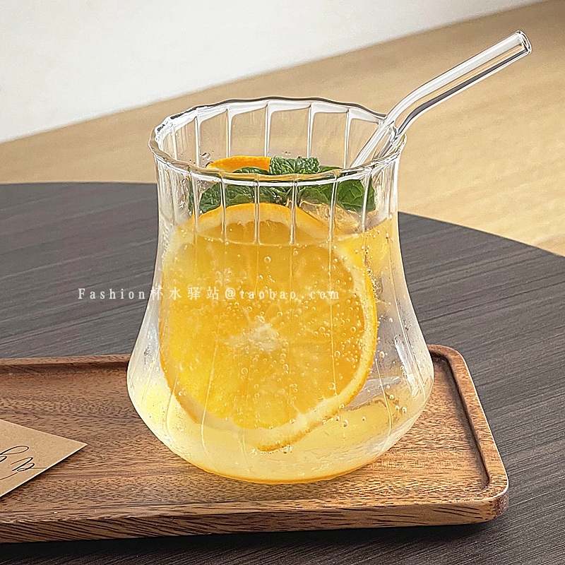大容量条纹鼓形水果茶杯耐热玻璃饮品柠檬杯简约ins风果汁饮料杯-封面