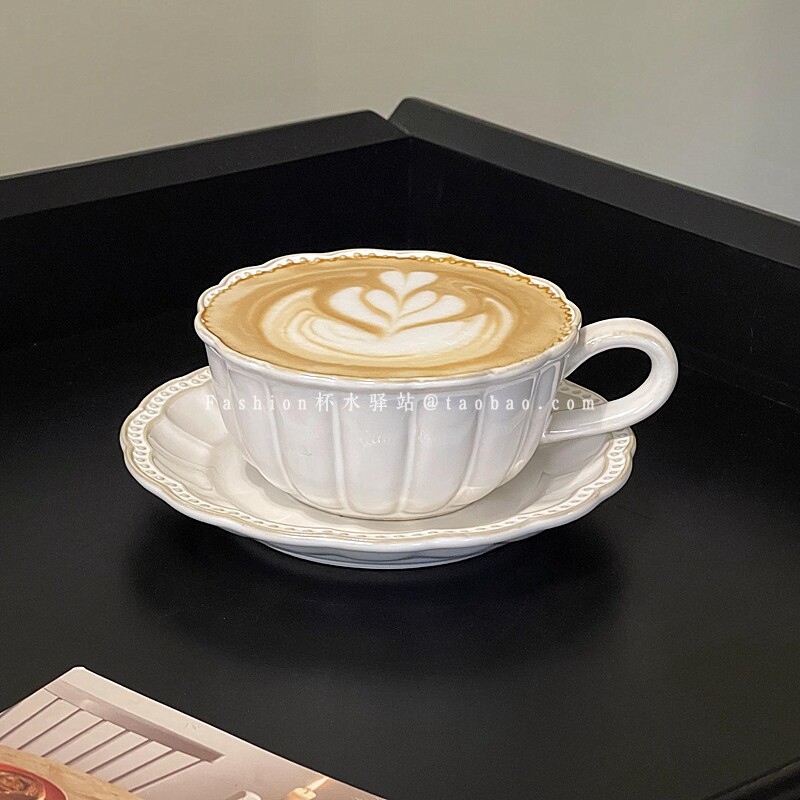 复古风窑变浮雕花边珠点陶瓷杯碟下午茶热拿铁拉花杯咖啡杯碟套装