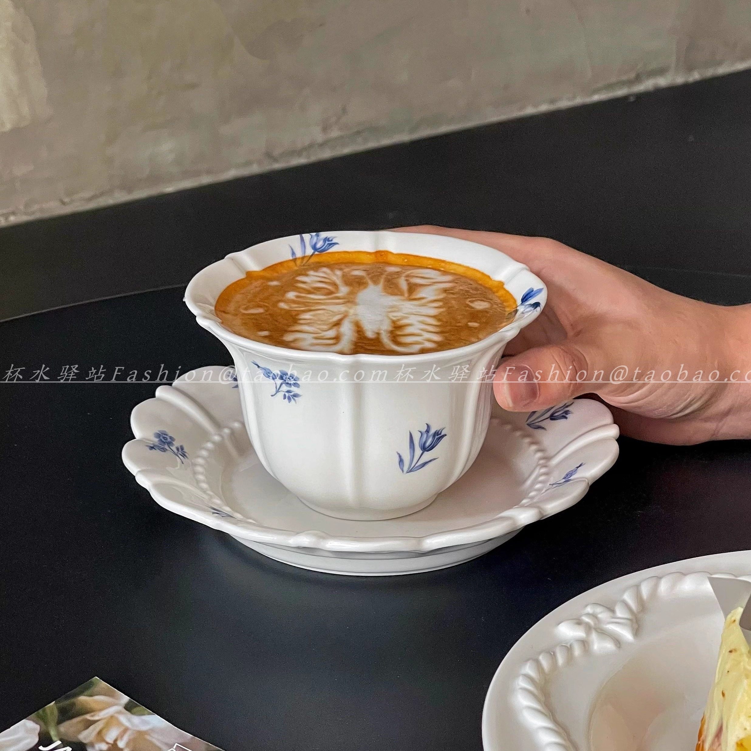 ins日式兰花花瓣珠点白色简约陶瓷咖啡拿铁杯碟高颜值下午茶杯子