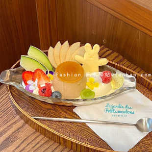 创意设计玻璃椭圆香蕉船造型水果沙拉盘雪糕碟子小船形木瓜布丁盘