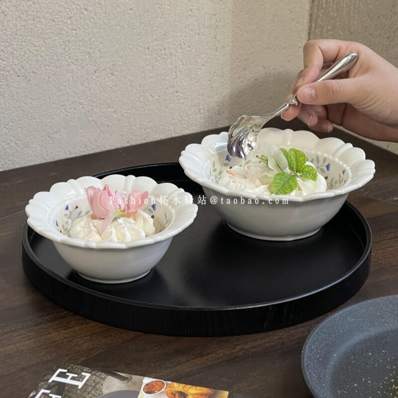 法式蓝色花枝陶瓷碗沙拉碗ins