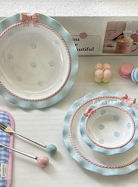 高级感复古立体蝴蝶结蛋糕套装可爱波浪边餐盘浅蓝色点心盘牛排盘